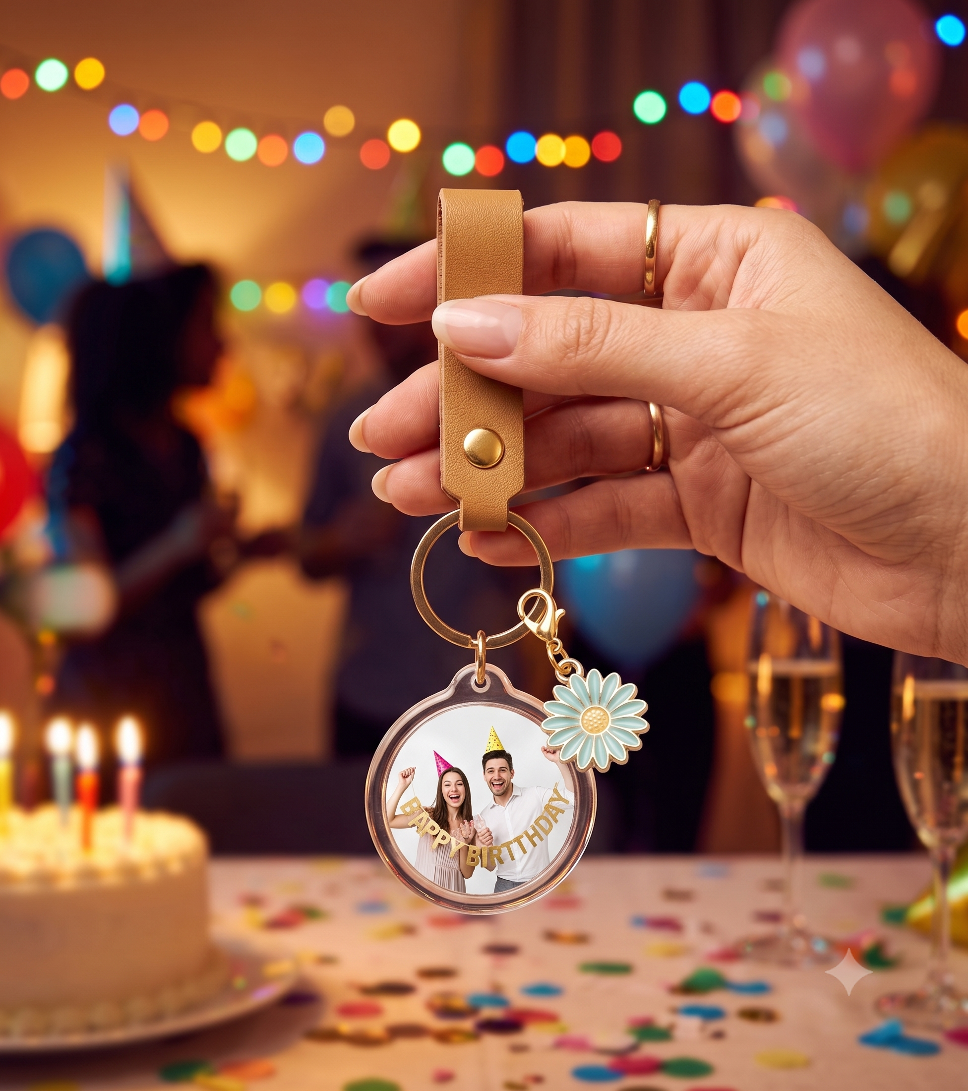 A close-up of a hand holding a birthday party tag with a photo of a smiling couple wearing birthday hats and party accessories. The tag has a gold ring and a decorative flower charm attached. In the background, there are colorful blurred party lights and confetti, suggesting a festive celebration.