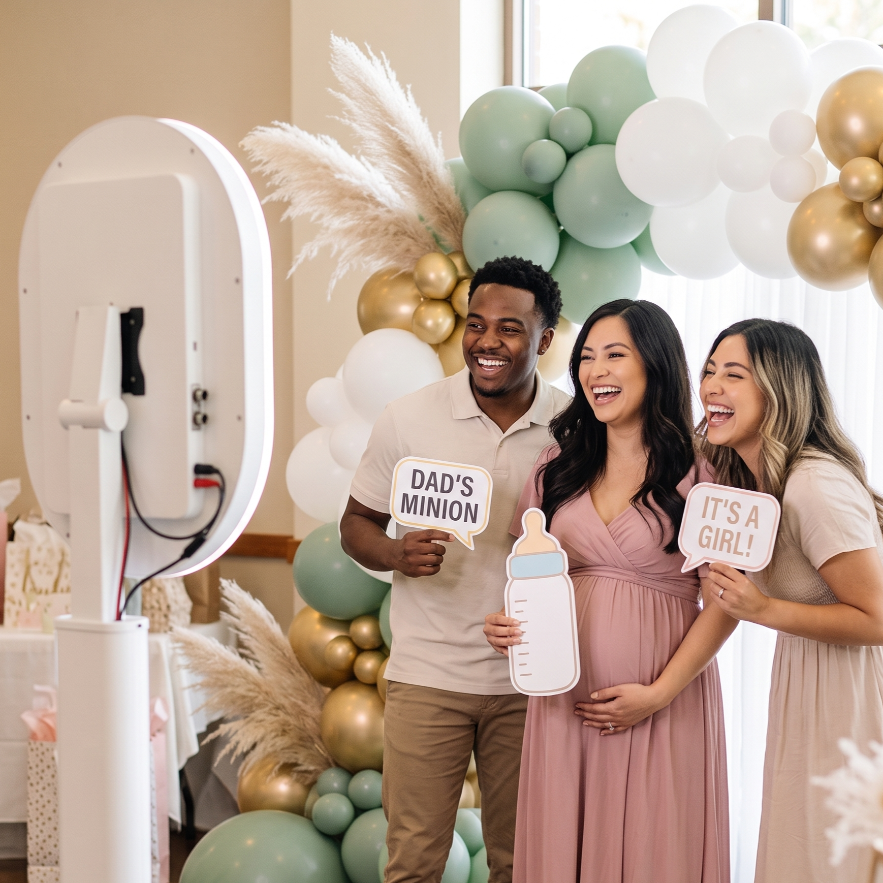 Three people taking a photo at a baby shower with balloons and pampas grass in the background. They are holding signs that say "DAD'S MINION," "IT'S A GIRL!" and a baby bottle.