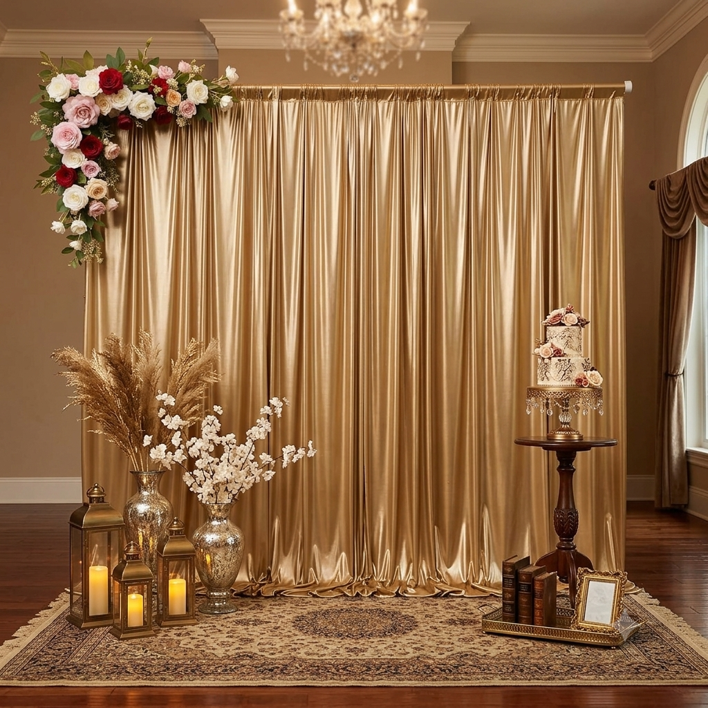 A gold satin curtain backdrop with floral arrangements, candles, and decorative items for a wedding or celebration. Decor includes an arrangement of red, pink, and white roses at the top left, white flowers and pampas grass in vases, lanterns with candles on the floor, a small table with a tiered cake decorated with flowers, books, and a picture frame on a tray.