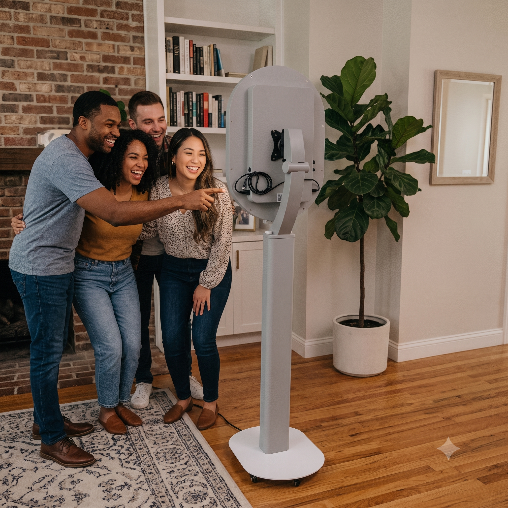Group of four diverse people smiling and laughing around a medical or technological device in a cozy home setting with a brick wall, bookshelves, and a potted plant.