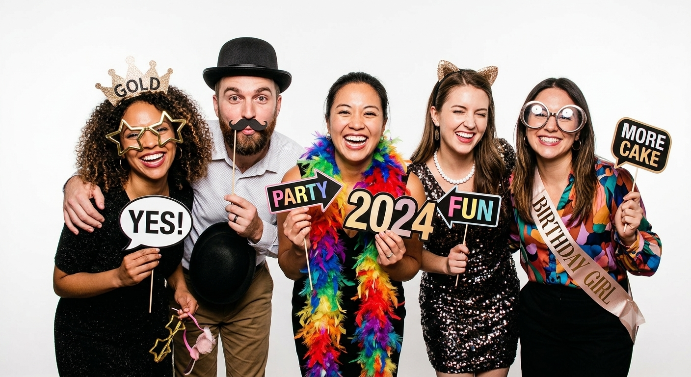 Group of five women and one man celebrating New Year's 2024 with festive accessories, holding signs that say "YES!", "PARTY", "FUN", "MORE CAKE", and wearing costumes including glasses, a feather boa, a birthday sash, and a top hat against a plain white background.