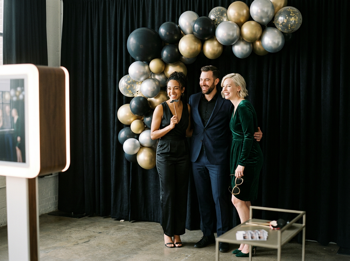 Three people posing for a photo at a celebration, with a backdrop of black curtains and balloons in gold, silver, and black colors.