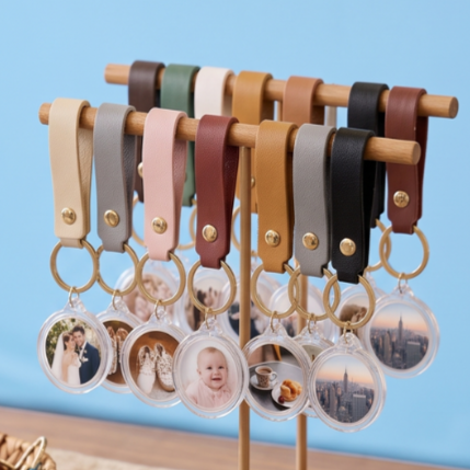 Keychains with various colored leather straps and round photo charms hanging from a wooden display stand against a blue background.