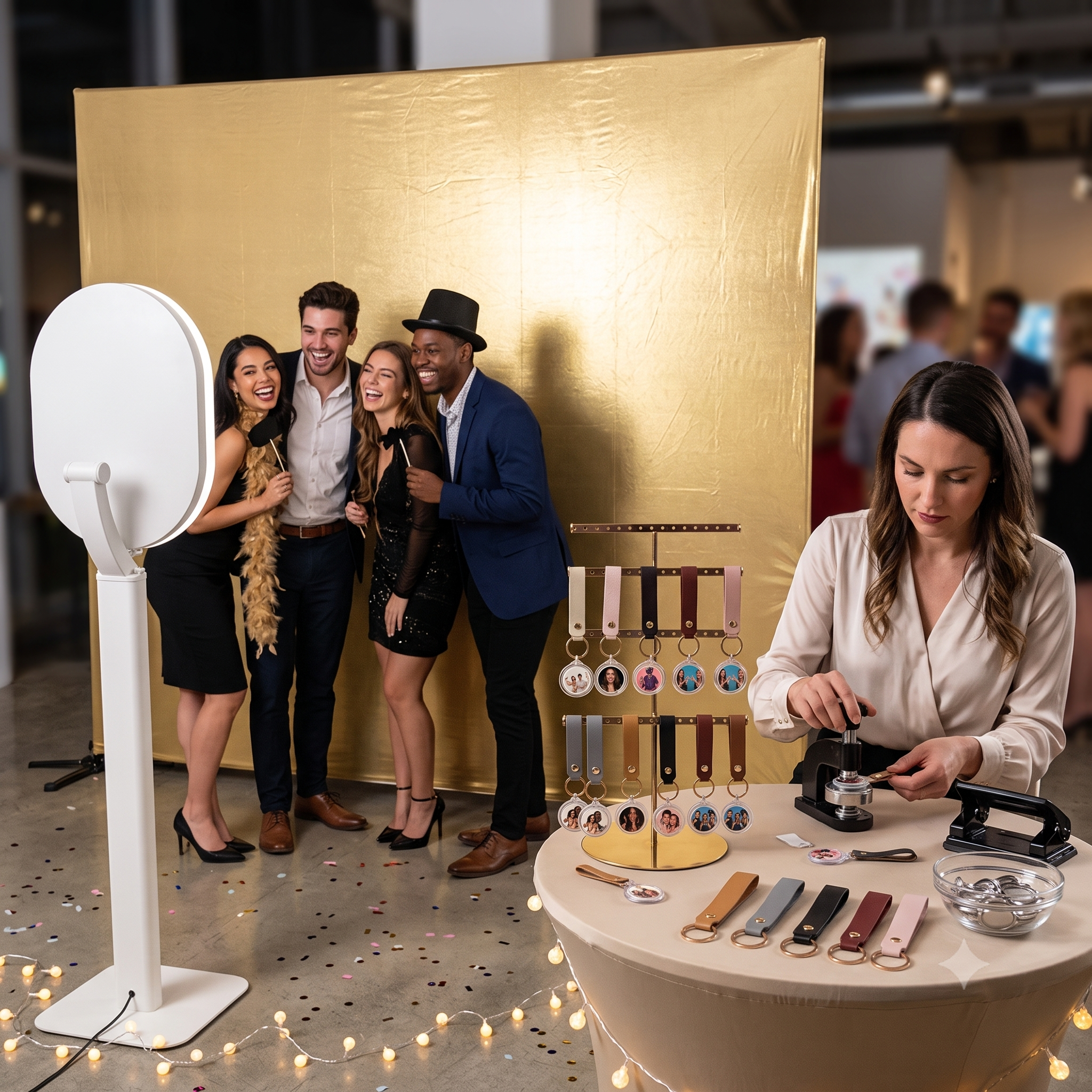 A group of four people smiling and taking a picture at a photo booth at a celebration event. The background features a golden wall, and the foreground has a table with various accessories and photo props, including keychains with photos, color swatches, and jewelry. Confetti is scattered on the floor, and string lights decorate the edge of the table.