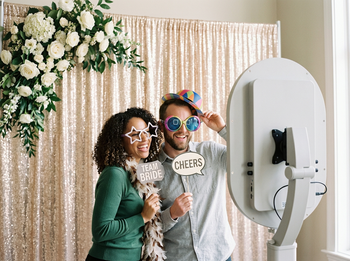 A joyful couple at a wedding photo booth, wearing colorful fun glasses and hats, holding signs that read 'TEAM BRIDE' and 'CHEERS,' with a decorated floral backdrop.