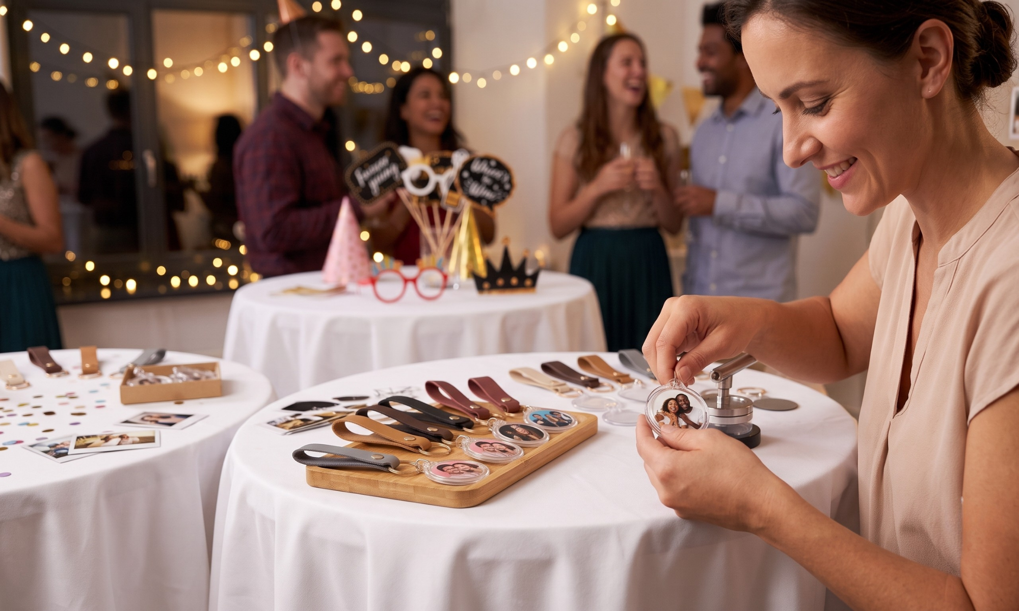 A woman at a craft table holding a photo embedded in a keychain, with various personalized accessories and photographs on display; in the background, a group of friends celebrating, with decorations and string lights.