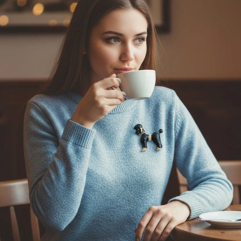 Black enamel gold-dipped poodle brooch