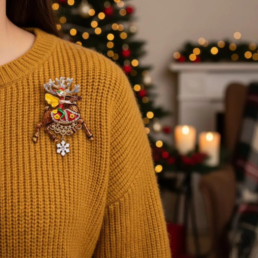 Elf Riding a Reindeer Enamel Brooch with Rhinestones