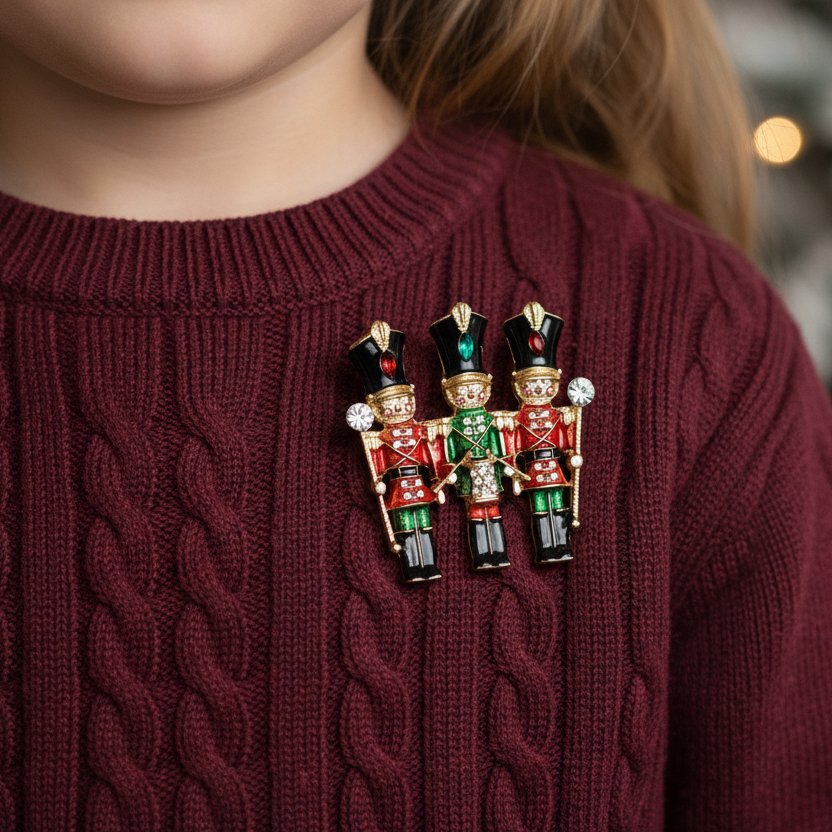 Triple-Nutcracker Christmas Brooch with Rhinestones and Enamel