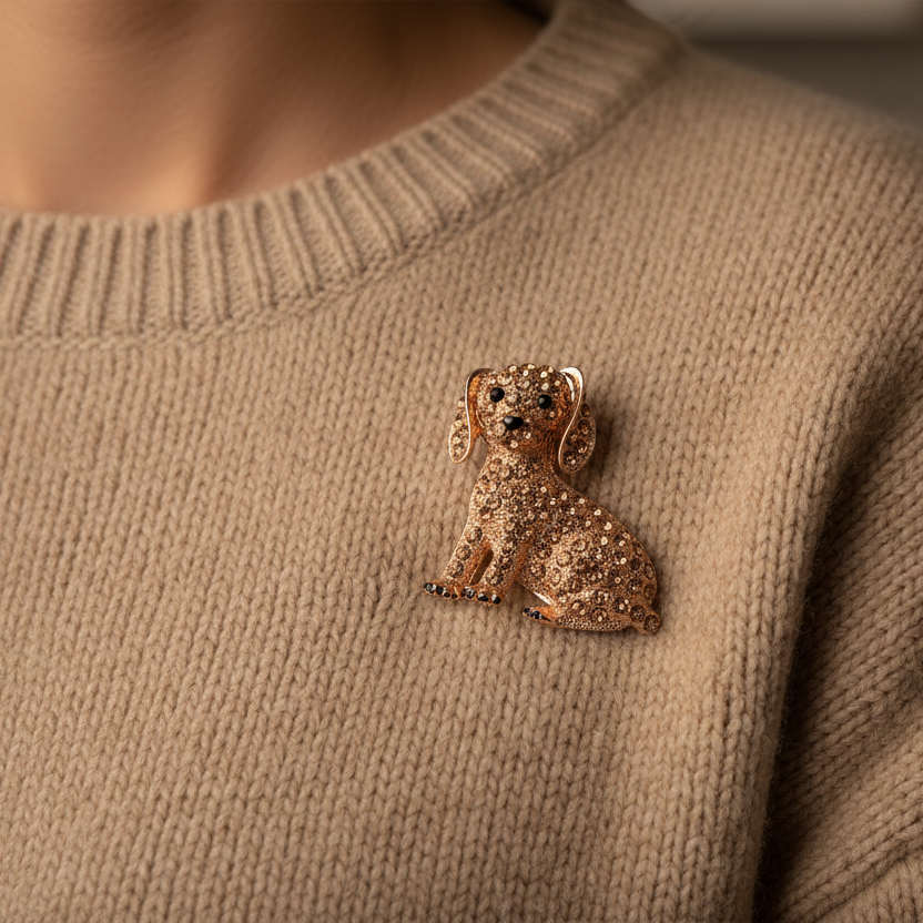 Golden rhinestone puppy brooch pinned to a beige sweater