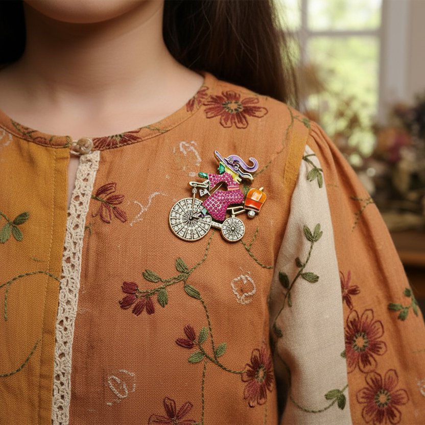 Enchanted Halloween Witch Bicycle Brooch with Enamel Pumpkin