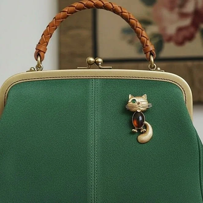 Feline Brooch Pin with Cat’s Eye and Green Stones