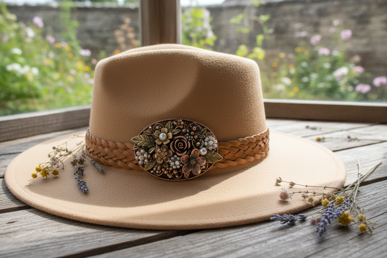 Multi-color carved metal floral brooch pinned to a hat, on a wooden surface