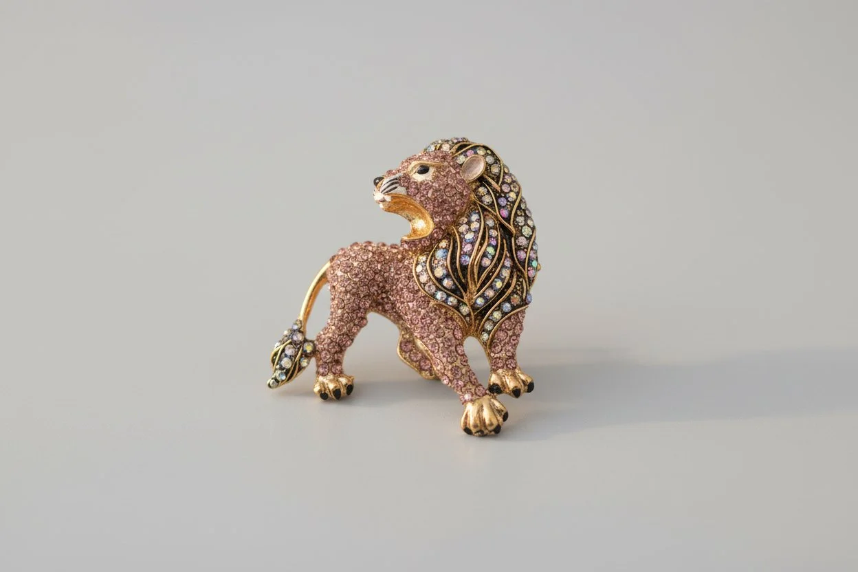 Pink rhinestone lion brooch on a gray background