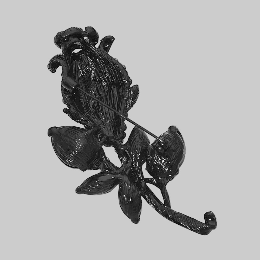 Back view of black rose brooch