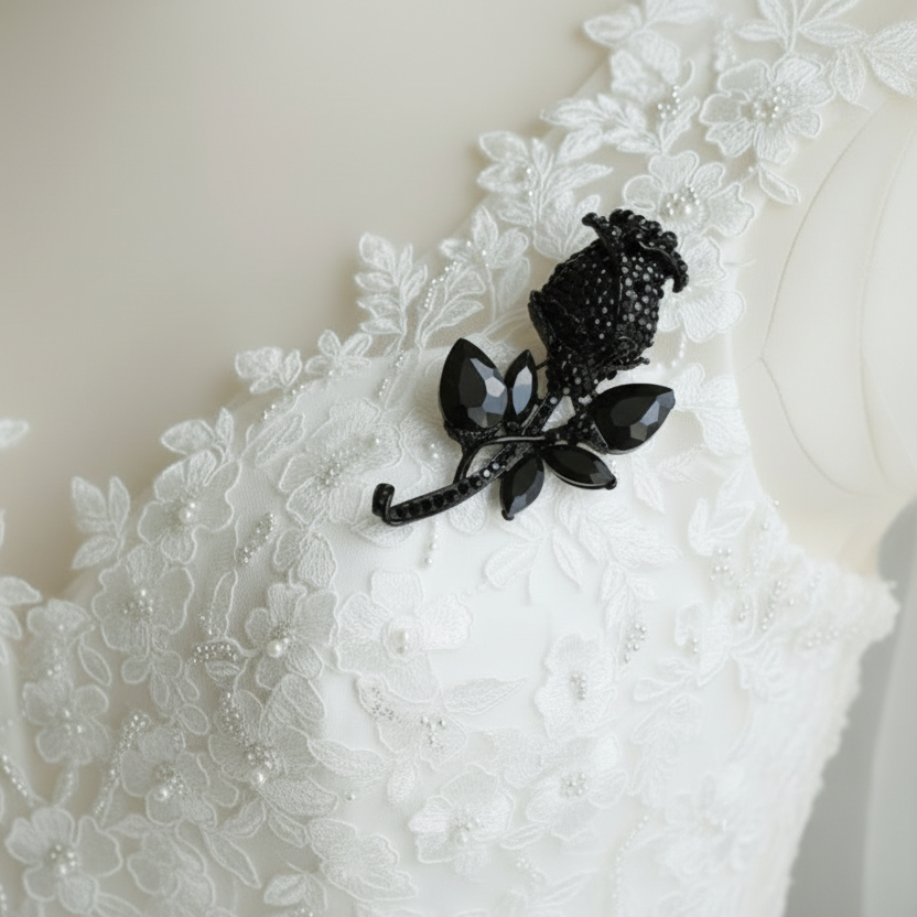 Black Rose Brooch Pin – Rhinestone Floral Jewelry Gift for Her