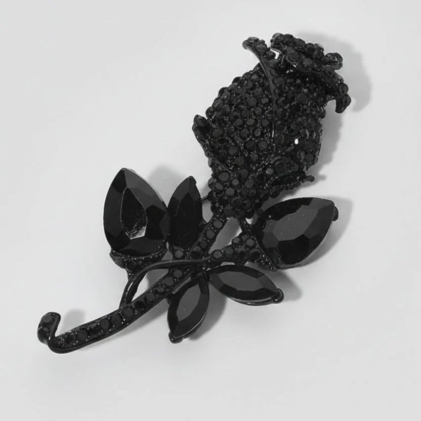 Black Rhinestone Rose Brooch