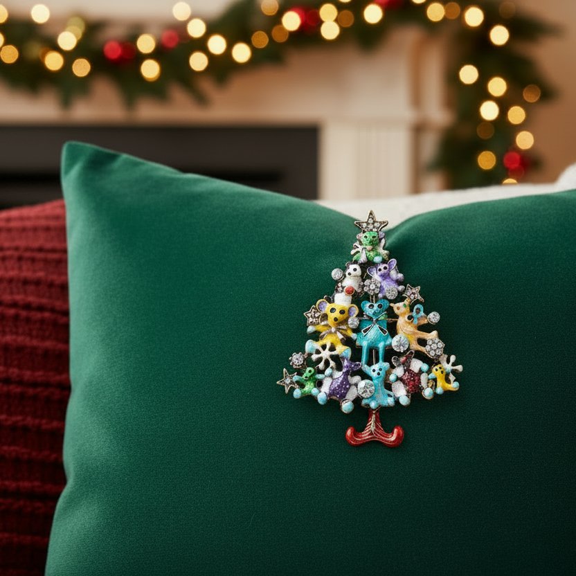 Enchanting Teddy Bear Holiday Tree Brooch
