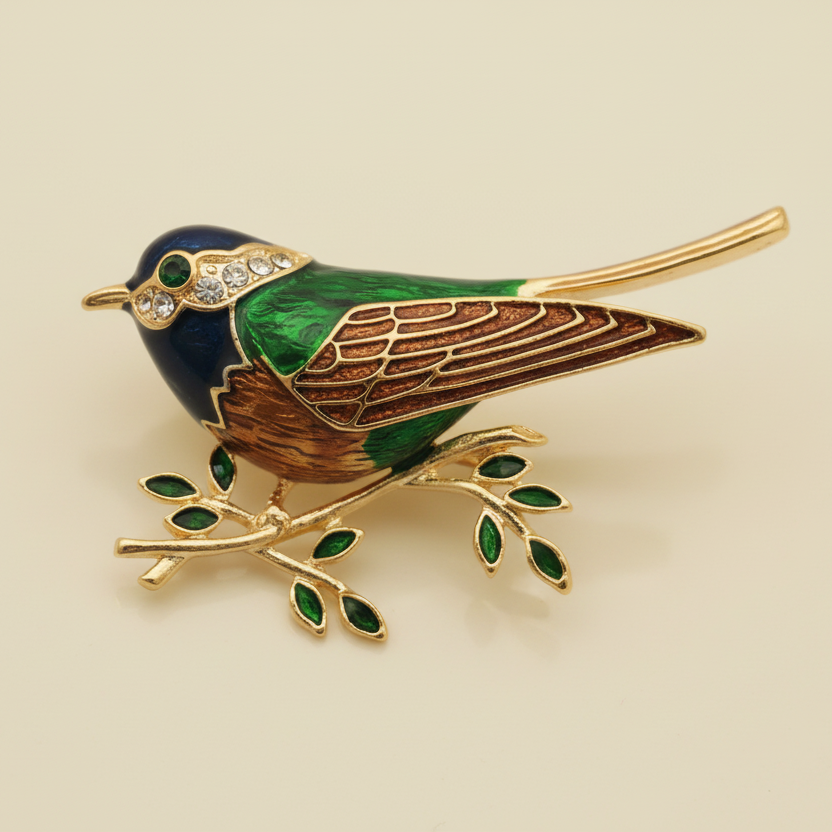 Red and green enamel sparrow brooch perched on a golden branch on a soft gray background