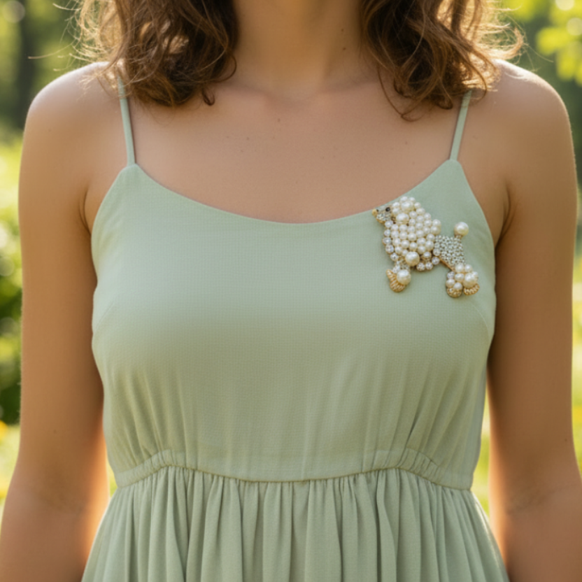 Elegant Pearl and Crystal Poodle Brooch Pin