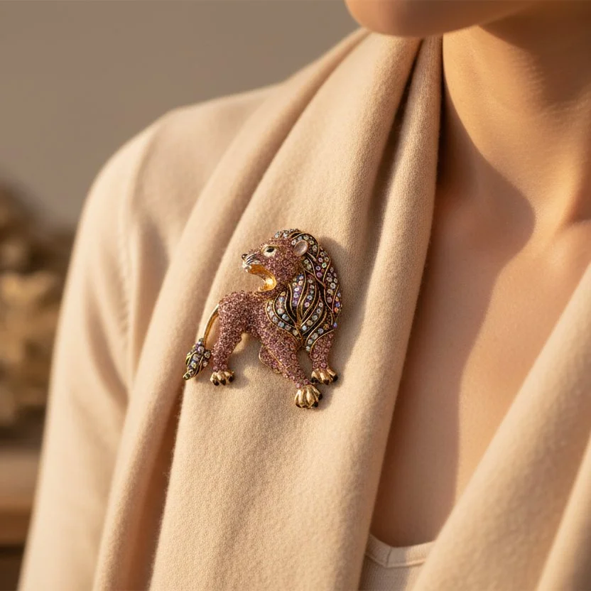 Pink Rhinestone Lion Brooch