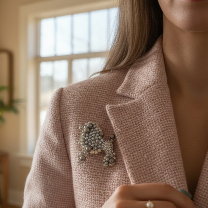 Elegant Poodle Brooch Pin with Pearls & Crystals