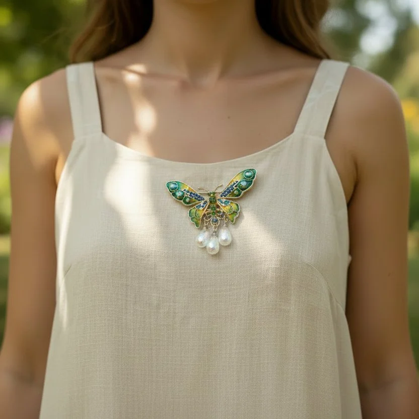 Vibrant Enamel Butterfly Brooch with Dangle Beads