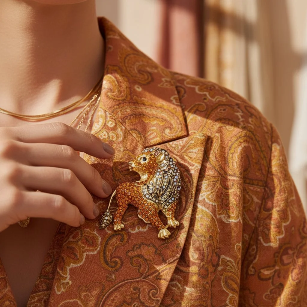 Champagne_Colored_Rhinestone_Lion_Brooch on Blouse.jpg
