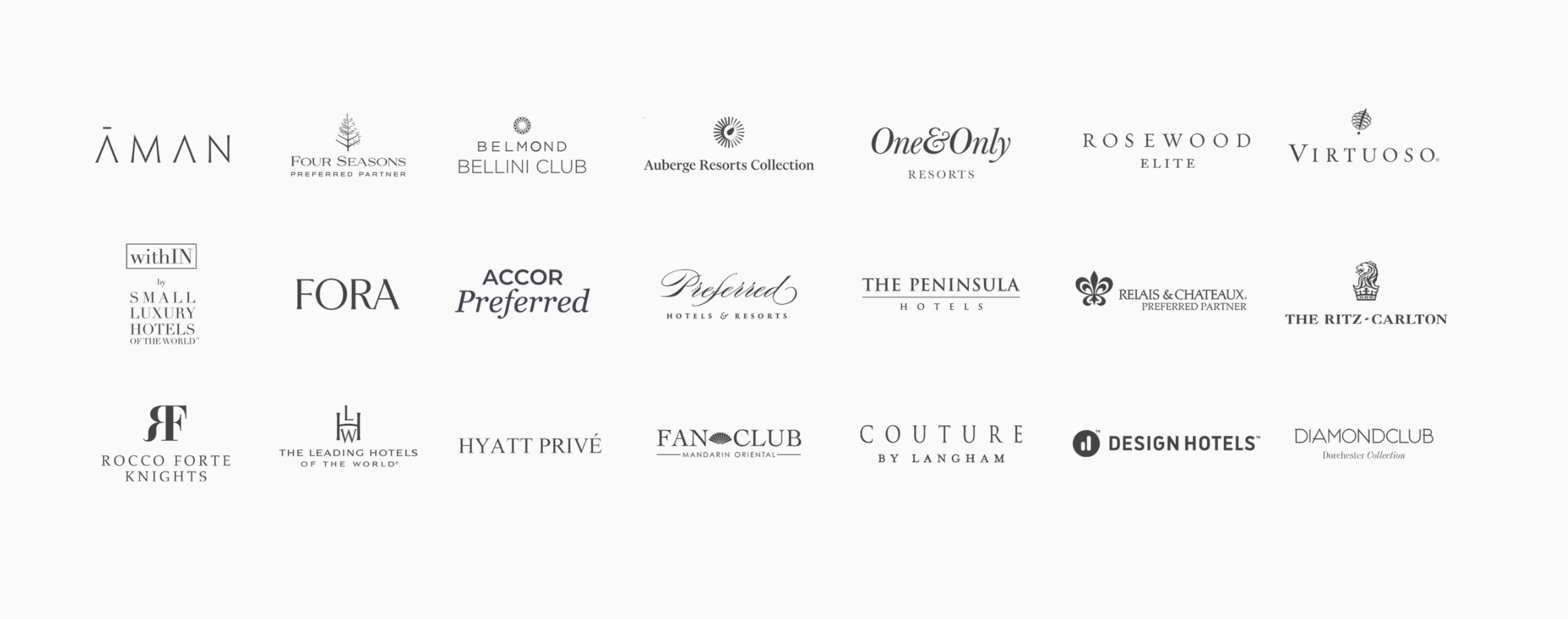 Collection of luxury hotel logos including Aman, Four Seasons, Belmond, Auberge Resorts, One&Only, Rosewood, Virtuoso, Small Luxury Hotels, Fora, Accor Preferred, Preferred Hotels & Resorts, The Peninsula Hotels, Relais & Chateaux, The Ritz-Carlton, Rocco Forte Knights, The Leading Hotels of the World, Hyatt Privé, Fan Club Mandarin Oriental, Couture by Langham, Design Hotels, Diamond Club Dorchester Collection.
