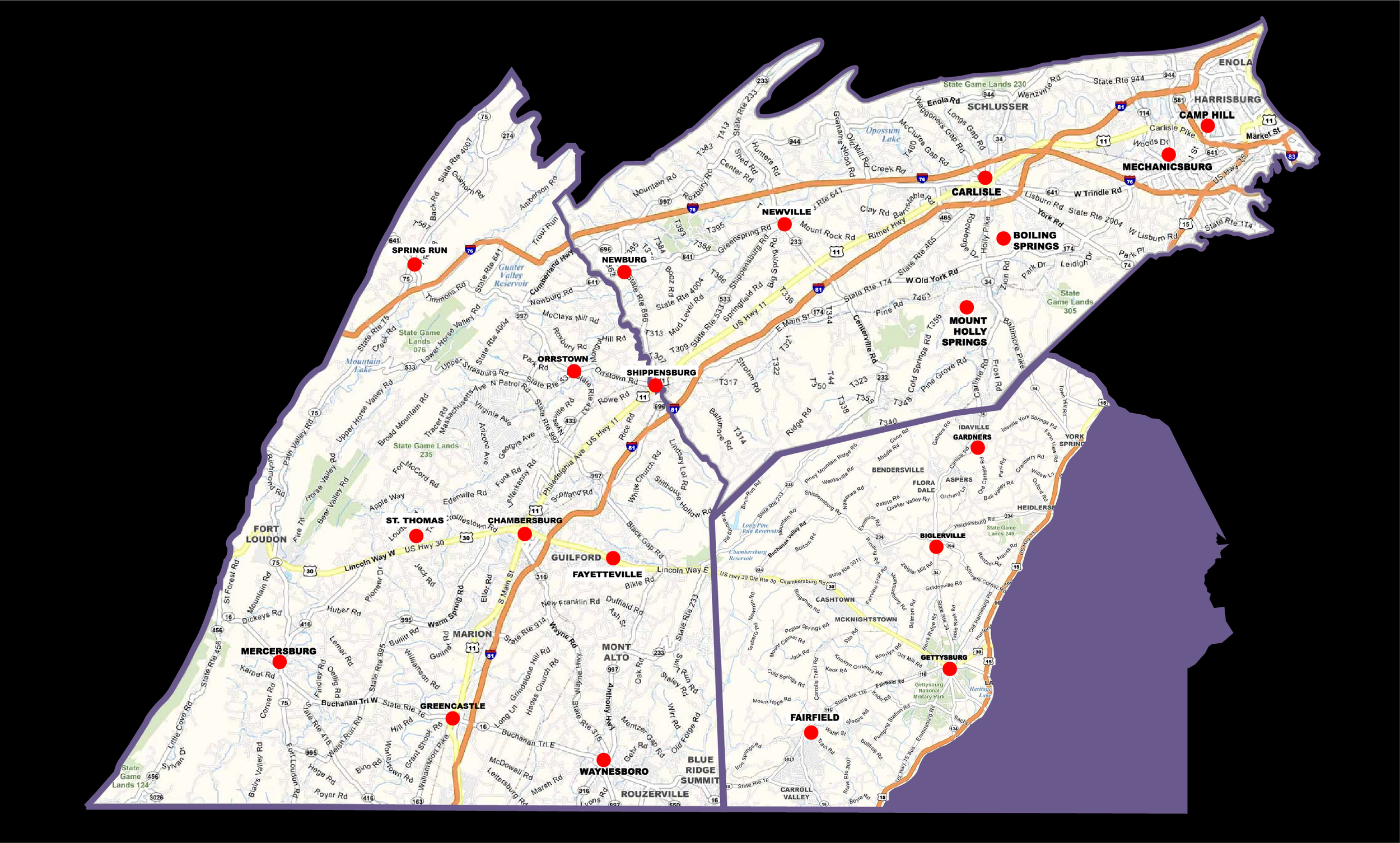 Map of the Harrisburg, Pennsylvania area showing various towns and roads, with red dots marking specific locations.