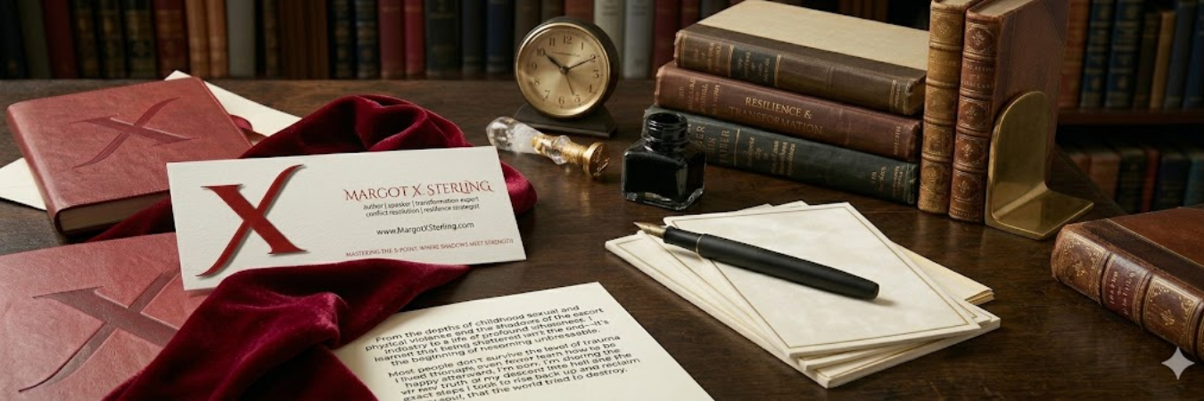 A quiet, scholarly desk set in a library, symbolizing the reflection and strength found at the X-Point with Margot X. Sterling.