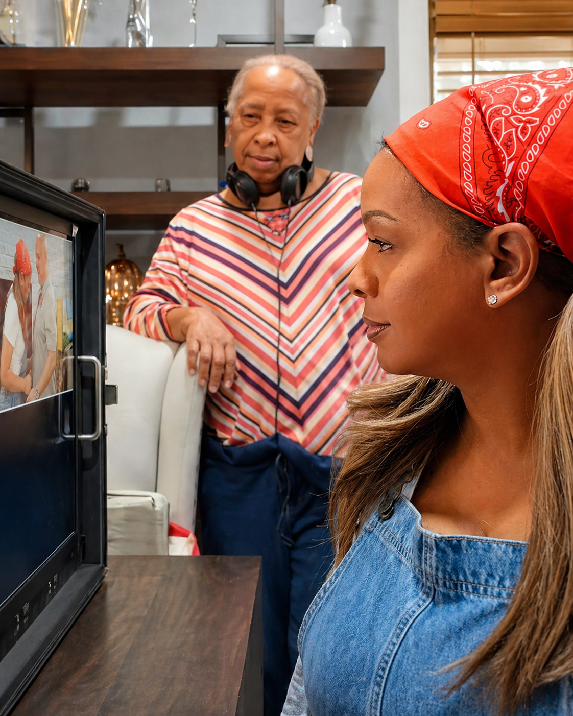 Women watching a video on a computer monitor with two people wearing bandanas in traditional dress, in a cozy room with bookshelf and decor.