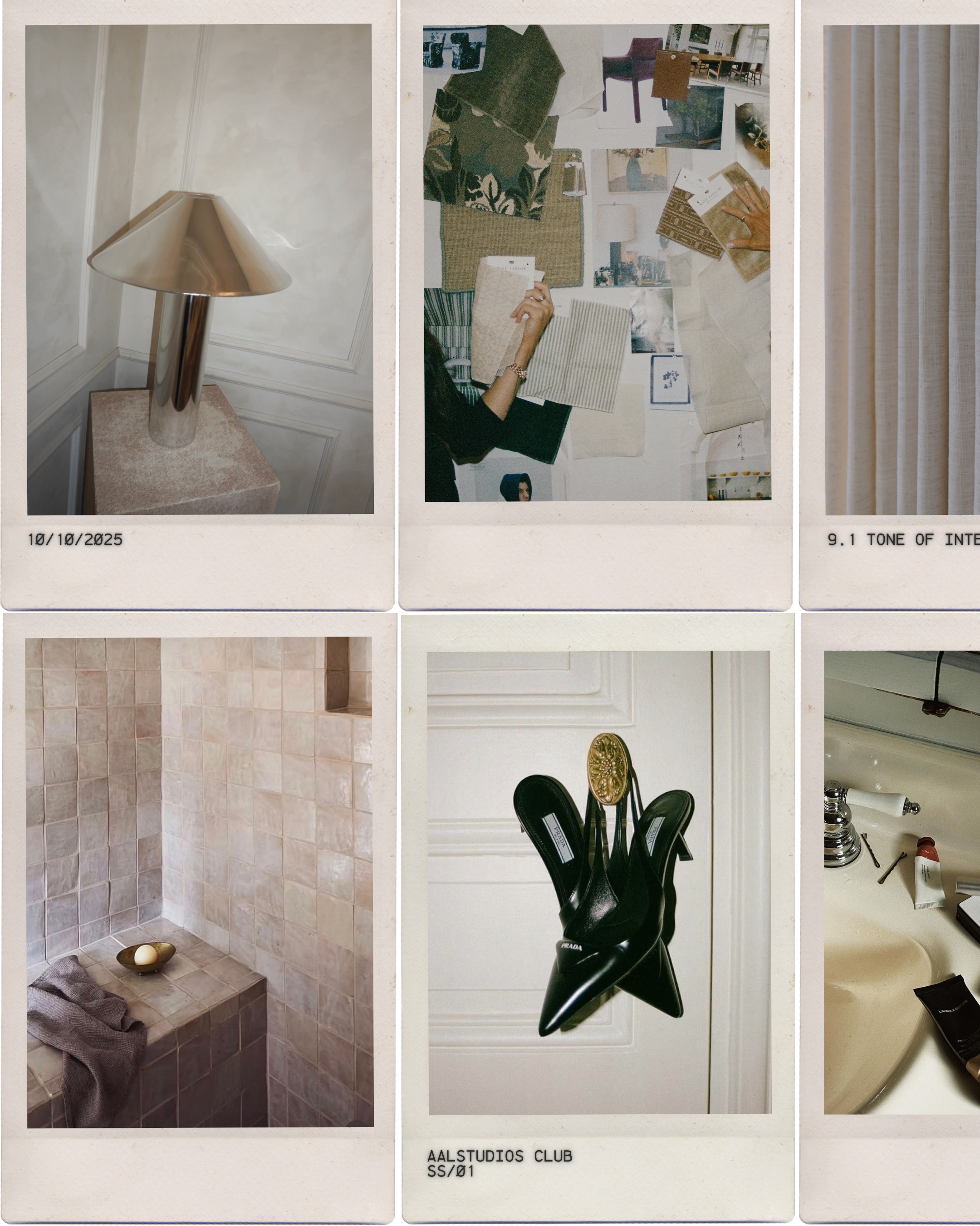 Photo strip with three images. The first shows a metallic table lamp on a beige textured wall. The second features a collection of interior design materials, swatches, and furniture pieces on a person’s lap. The third focuses on a section of a bathroom or vanity with white tile walls, a small soap dish with a soap, a gray towel, and partially visible toiletries.