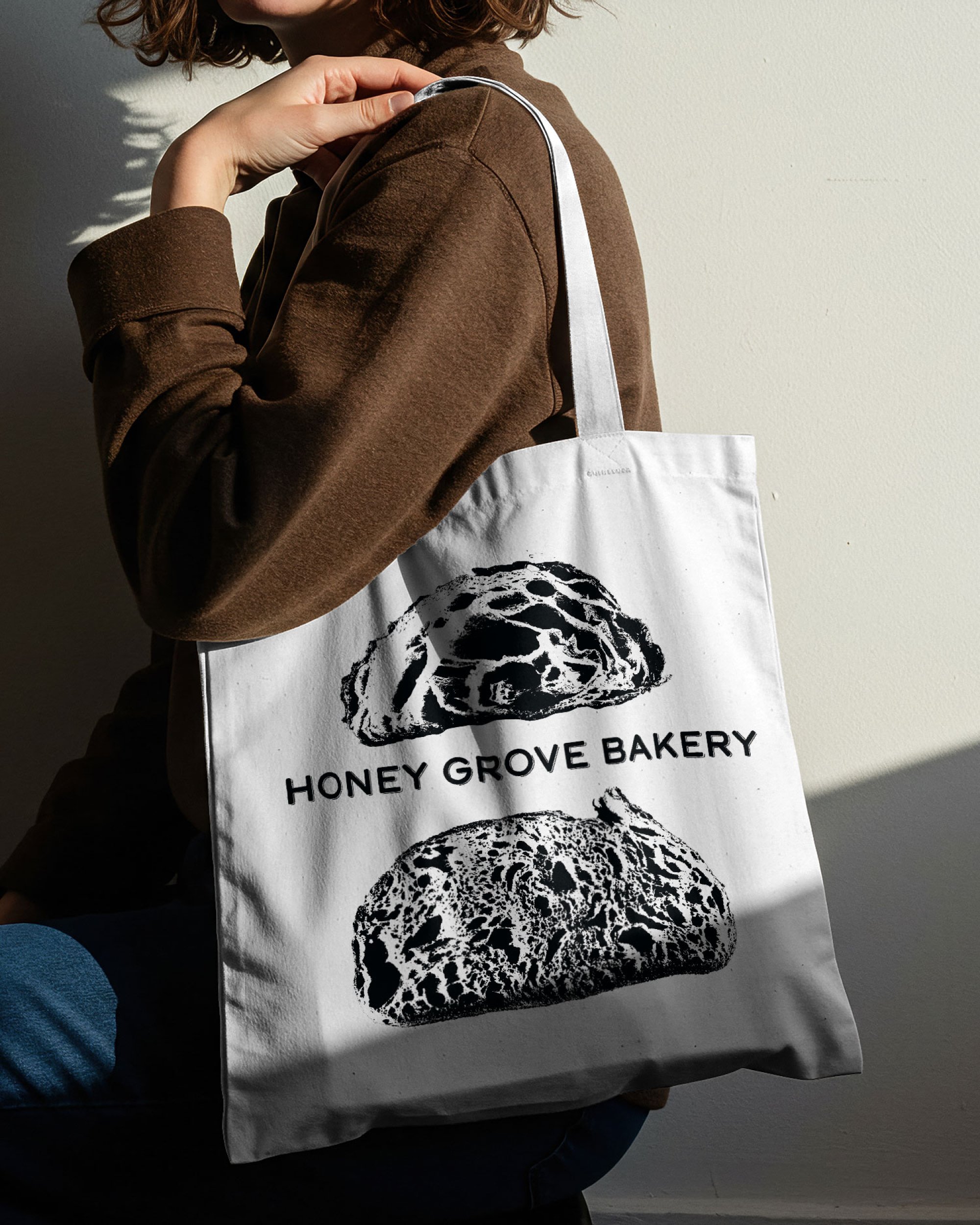 Bakery tote bag design canvas tote with illustrated bread graphics and wordmark logo
