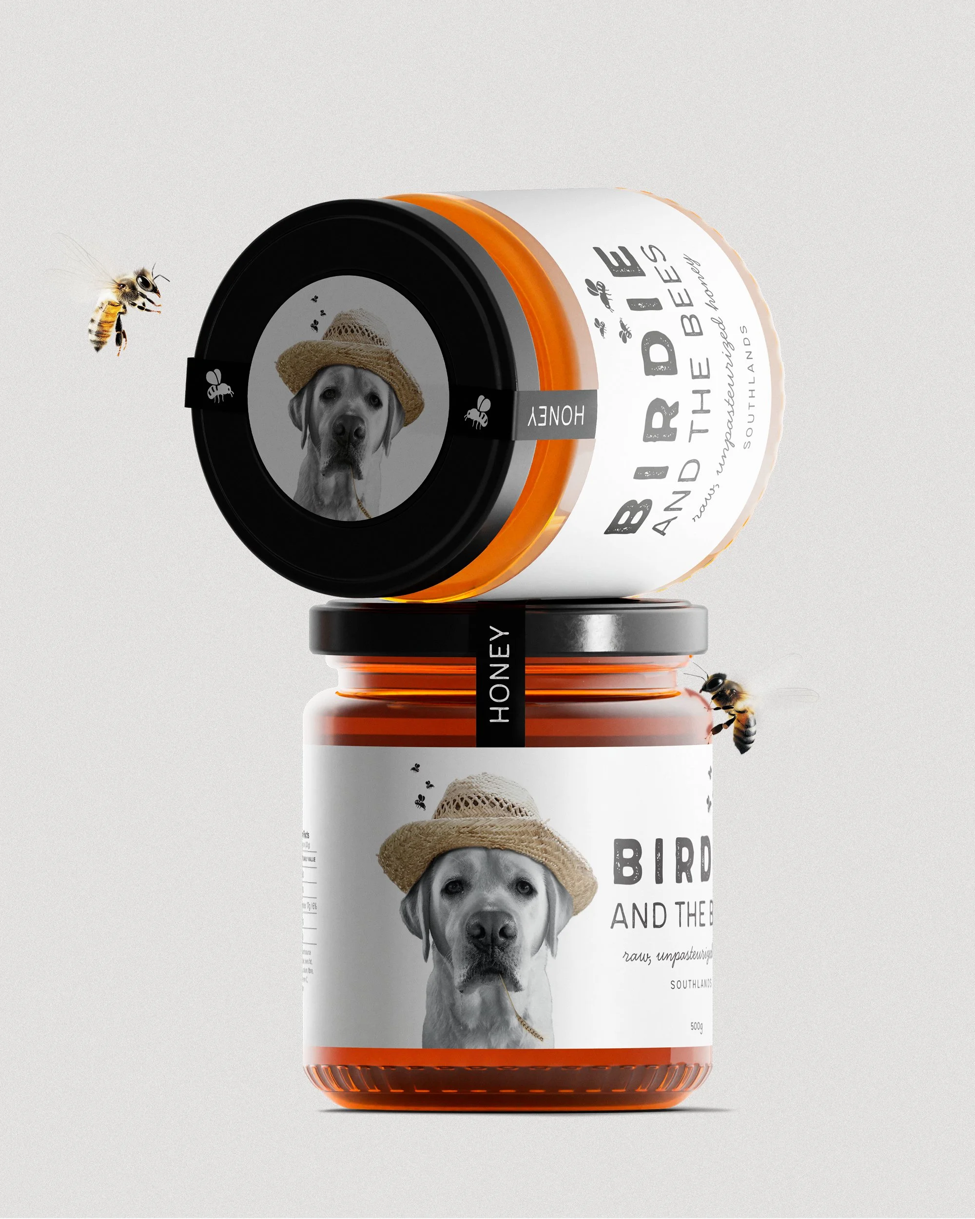 raw honey jar packaging design with illustrated dog-in-sunhat label and honeycomb bee graphics