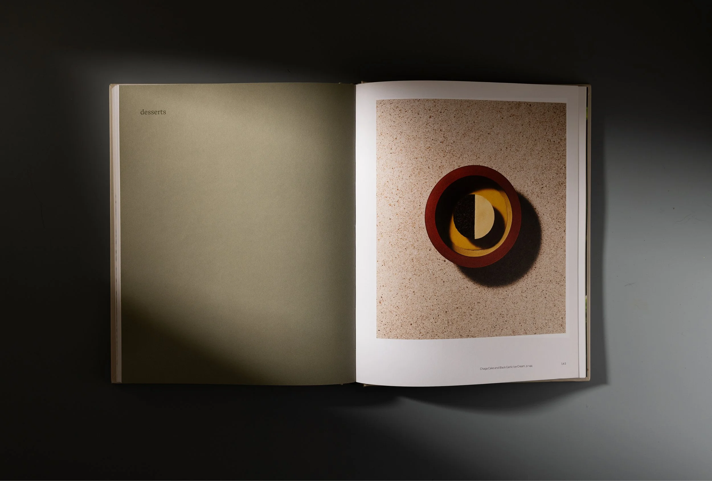 Cookbook interior spread — "desserts" section opener