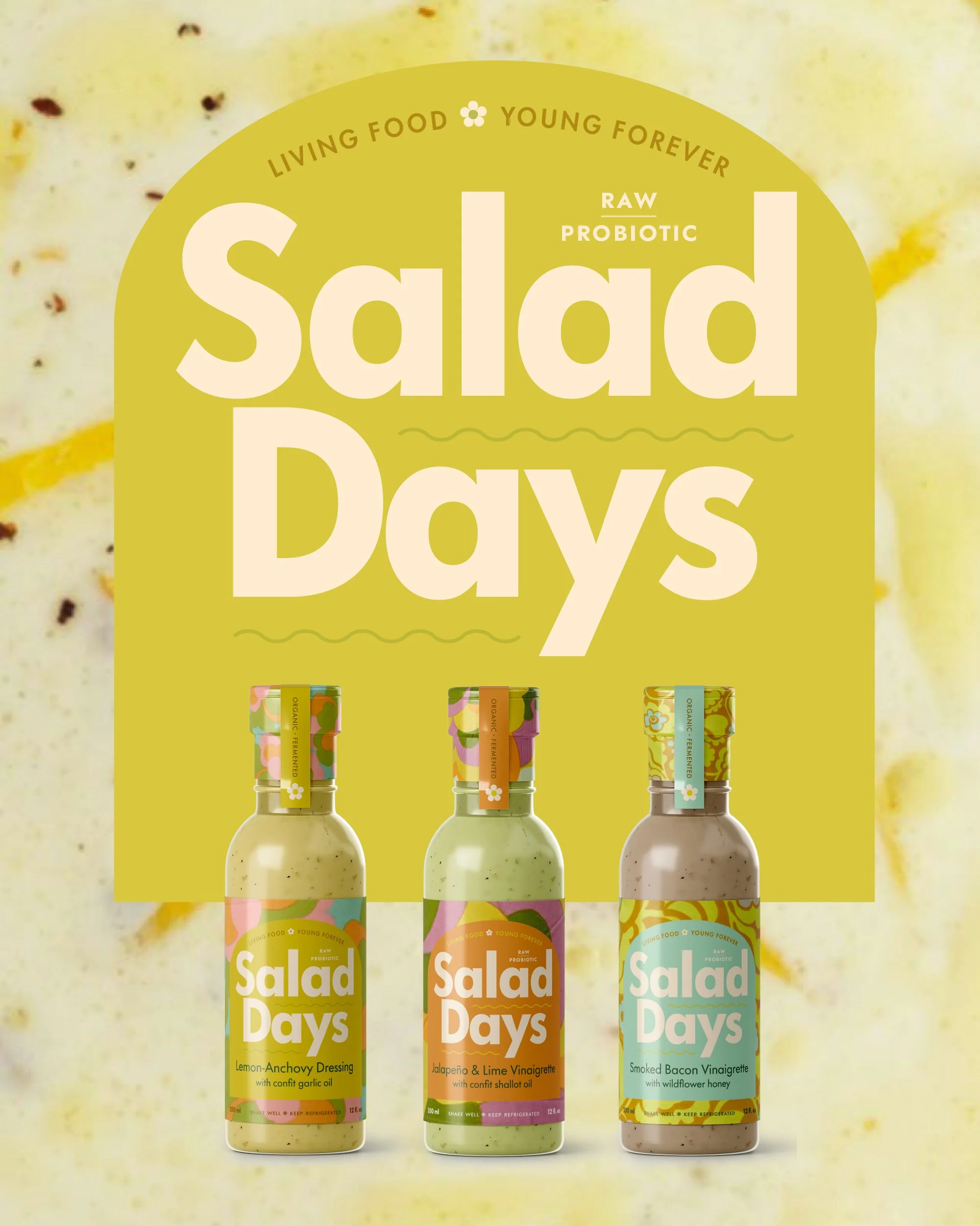 Salad Days dressing bottle packaging design by DSGN Dept., raw probiotic salad dressing branding with Lemon-Anchovy, Jalapeño & Lime, and Smoked Bacon Vinaigrette labels