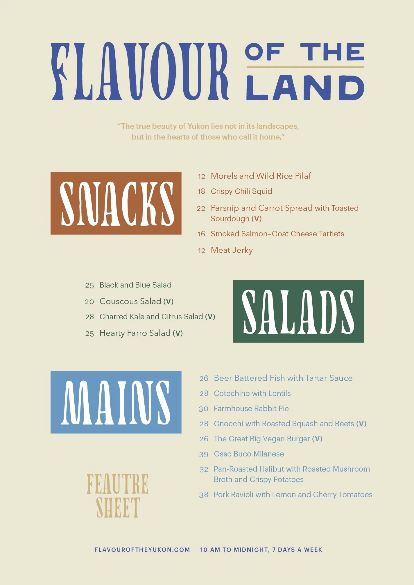 restaurant branding and menu design with feature sheet layout with Snacks, Salads, and Mains sections in bold color-blocked type