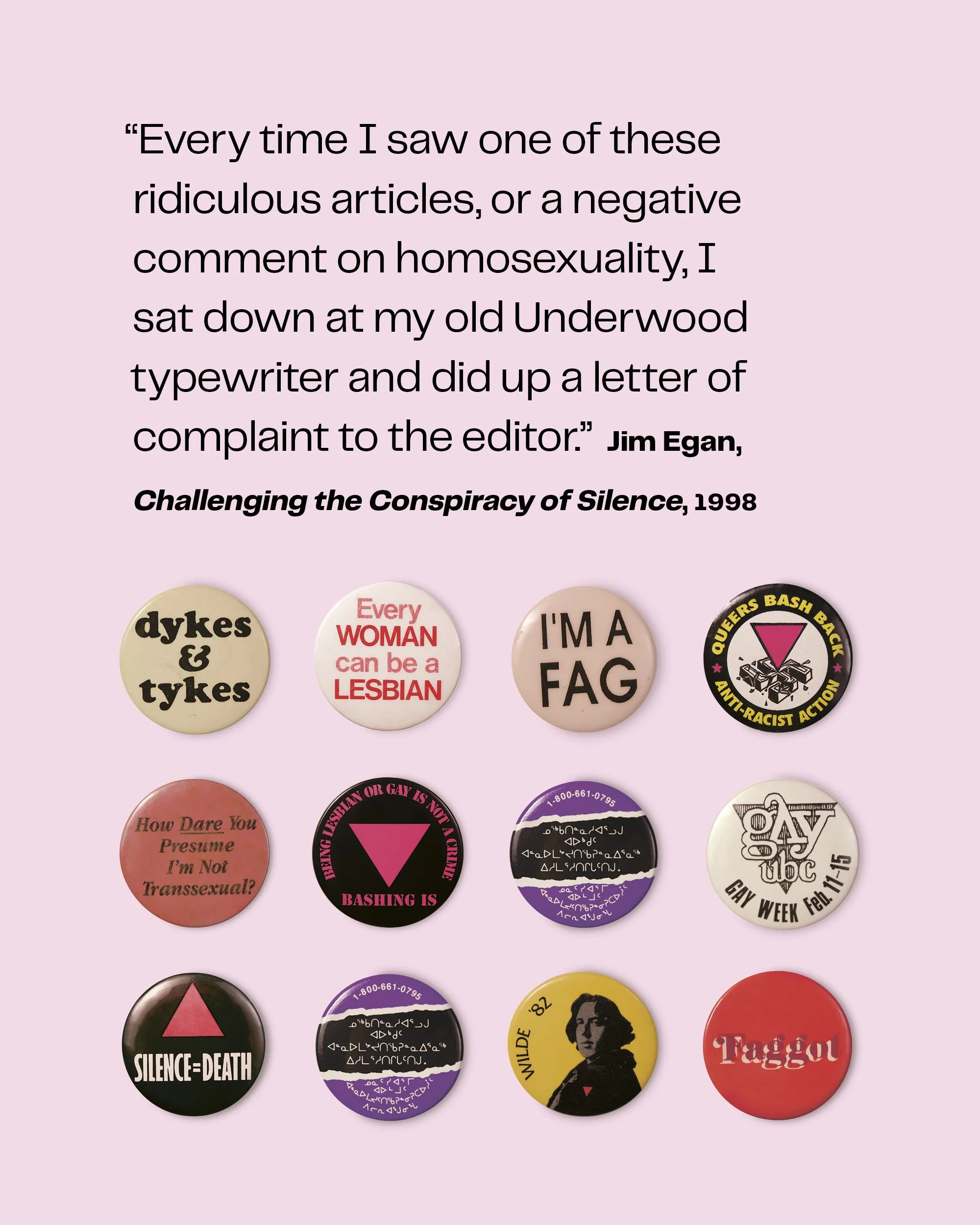LGBTQ book design interior showcasing historical pins
