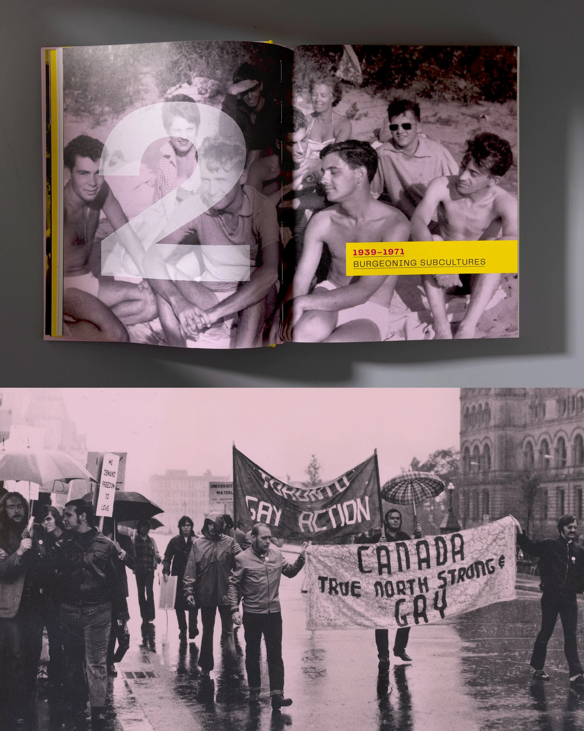 Book design featuring queer history by award winning book designers, showcasing historic imagery