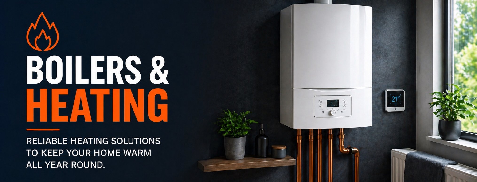 A digital advertisement for boilers and heating systems featuring an image of a modern, wall-mounted boiler with a digital display, placed in a home interior with green plants and a window showing outdoor greenery.