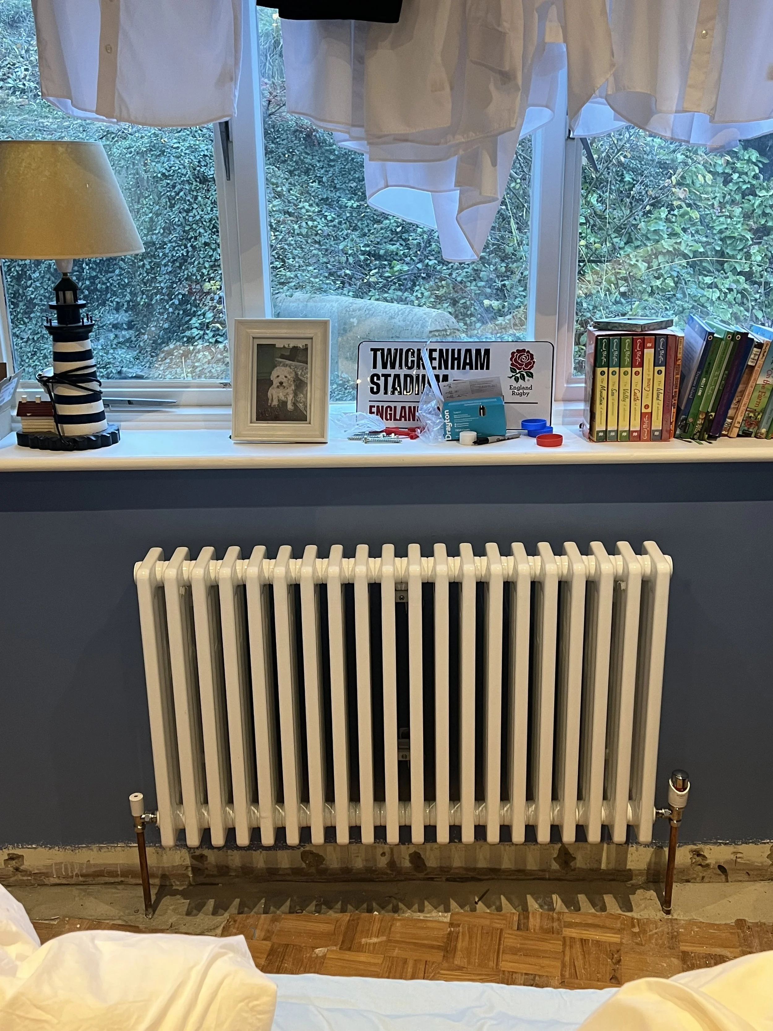 A view of a room window with a radiator beneath it. On the windowsill, there is a framed photo of a dog, a small sign that reads 'Twickenham Stadium', some books, and miscellaneous items. Outside the window, trees and bushes are visible. The room has