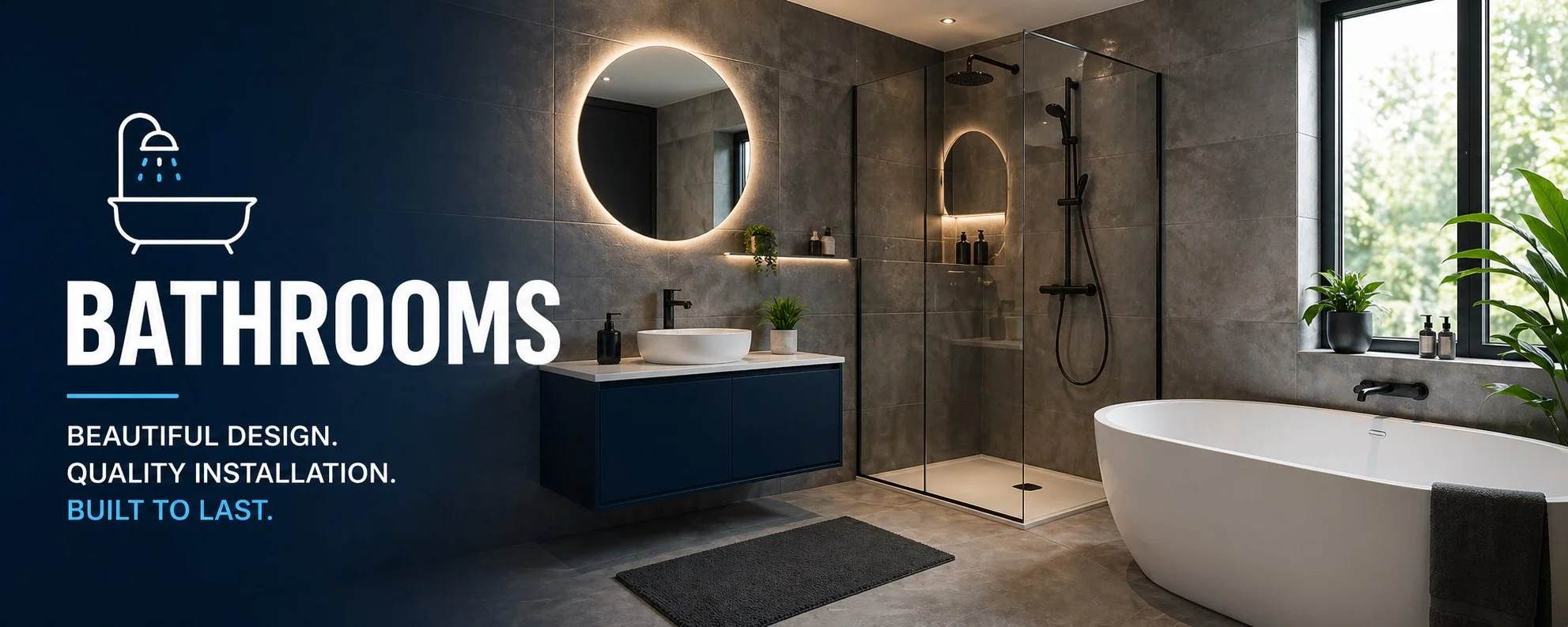 Modern bathroom featuring a walk-in shower with black fixtures, a white bathtub near a large window with green plants, and a dark blue vanity with a round mirror illuminated by backlighting.