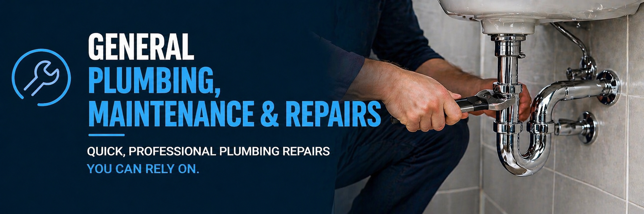 A plumber repairing a chrome pipe under a sink, with text overlay advertising general plumbing, maintenance, and repairs.
