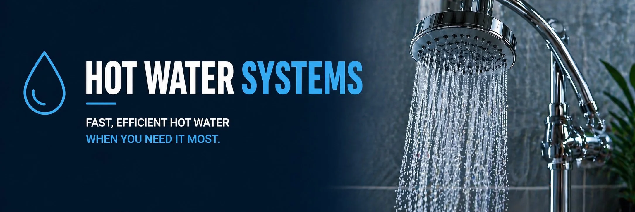 A showerhead with running water in a modern bathroom, promoting hot water systems.