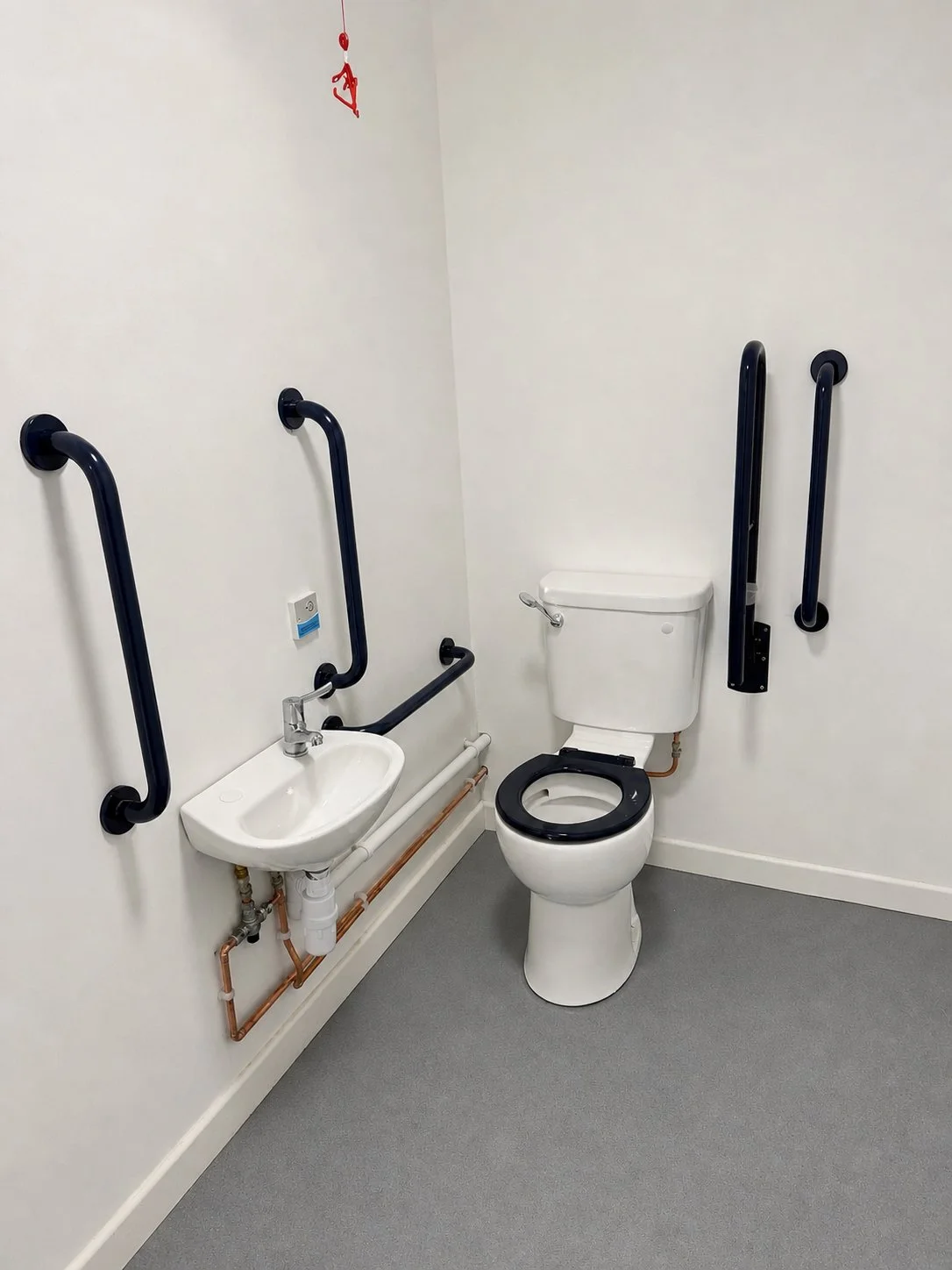 Accessible bathroom with a white toilet and a small sink, equipped with black grab bars on the walls for assistance.
