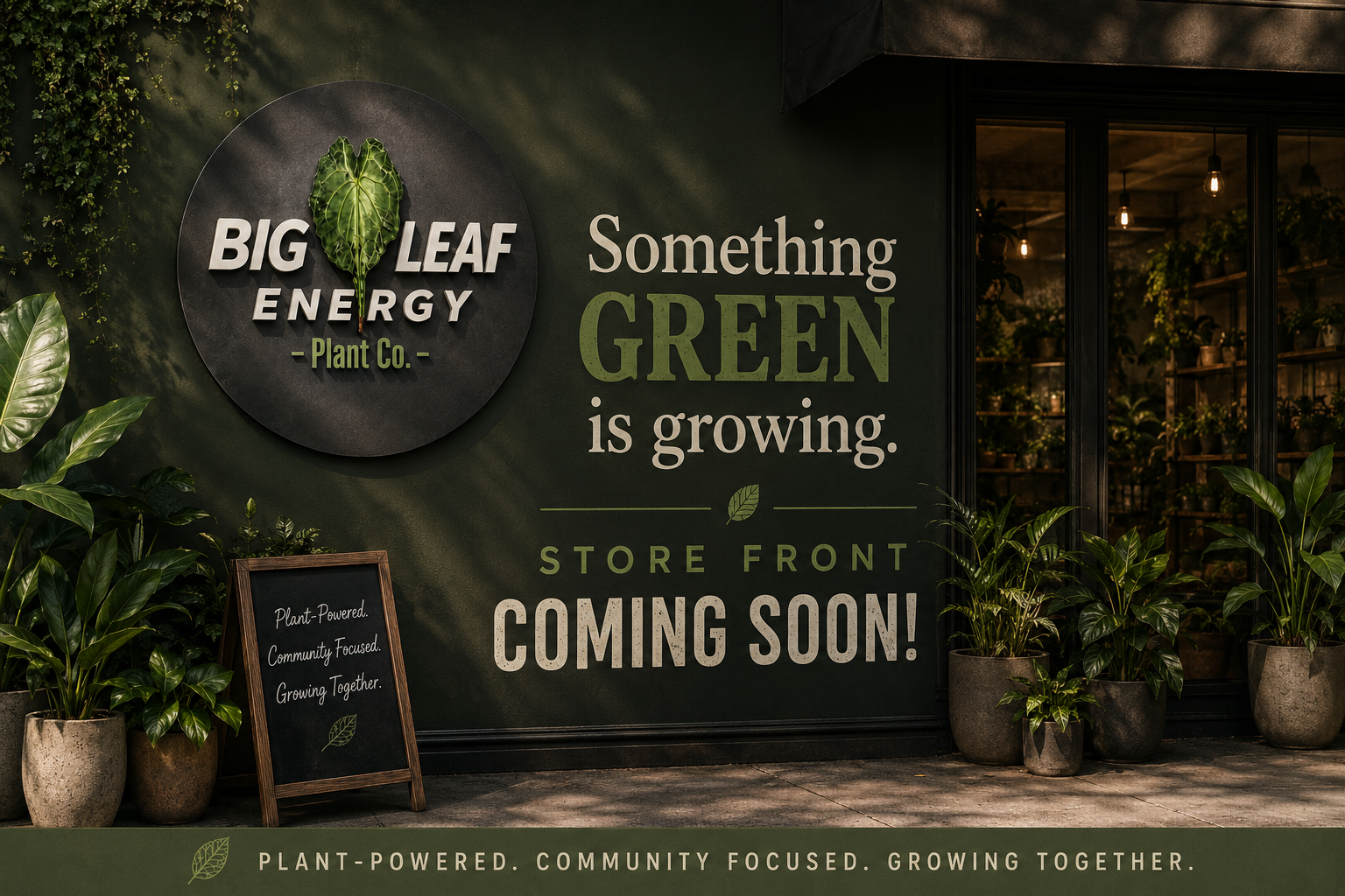 Sign for Big Leaf Energy Plant Co. with a large green leaf logo, advertising a new store front that is coming soon, emphasizing green, plant-powered, community focused, growing together, and featuring potted plants inside