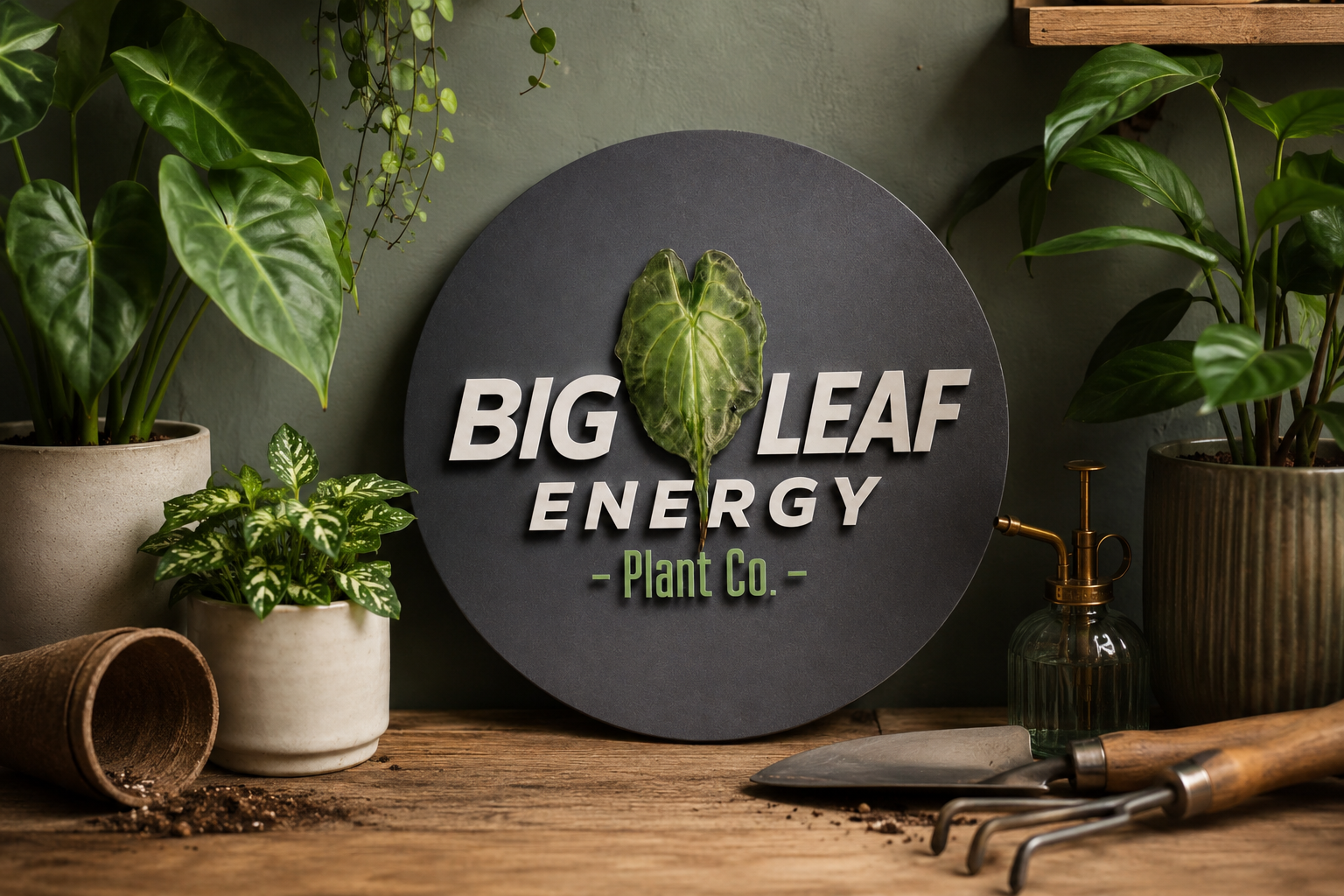 A decorative sign for Big Leaf Energy Plant Co. with a large leaf attached to the sign, surrounded by various potted houseplants on a wooden surface, garden tools, and gardening supplies.