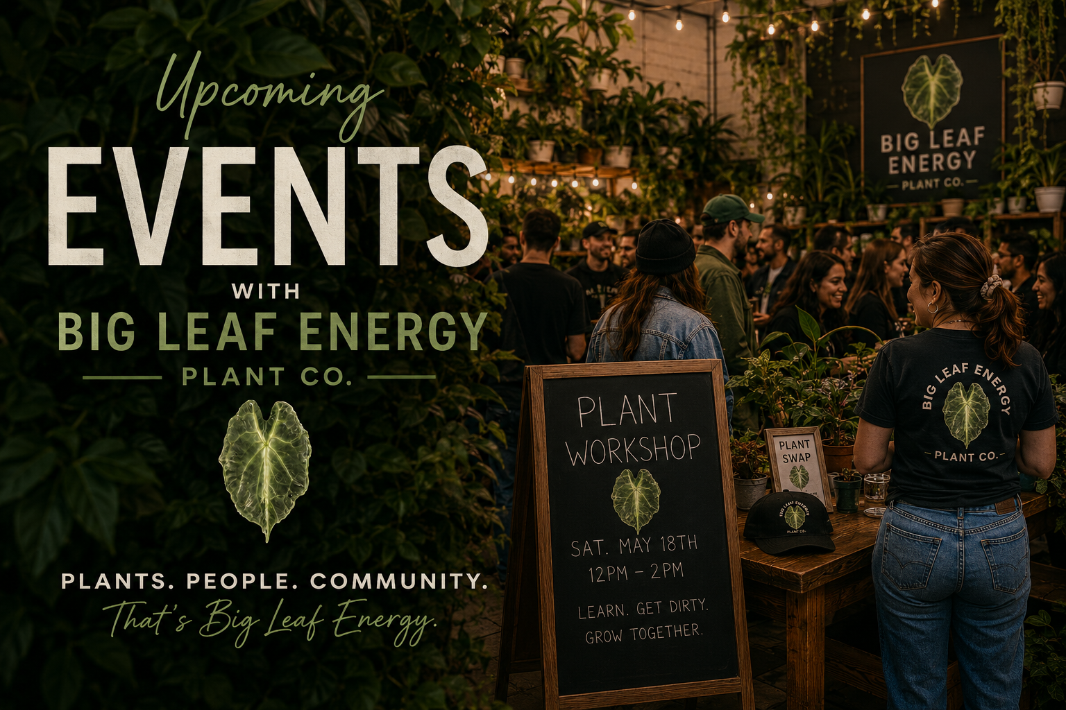 People gathered at an indoor plant workshop event for Big Leaf Energy Plant Co, with a sign showing the date, time, and activities.