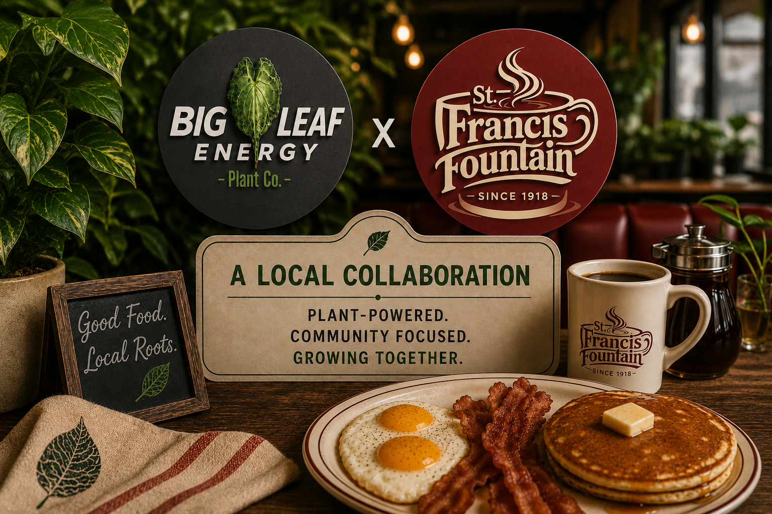 A breakfast scene with a plate of two sunny-side-up eggs, bacon, and pancakes with a pat of butter. There is a coffee mug with the St. Francis Fountain logo, a small glass jar of syrup, and various signs and potted plants in the background. The main sign highlights a local collaboration between Big Leaf Energy Plant Co. and St. Francis Fountain.